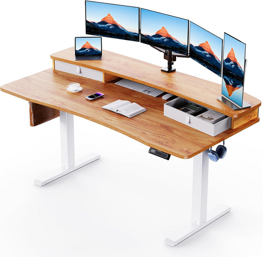 60″ X 30″ Electric Standing Desk with 2 Drawers, C-Clamp Mount Compatible, Height Adjustable Computer Desk, Home Office Stand up Desk with 4 Preset Heights & 2 Hooks, Light Vintage
