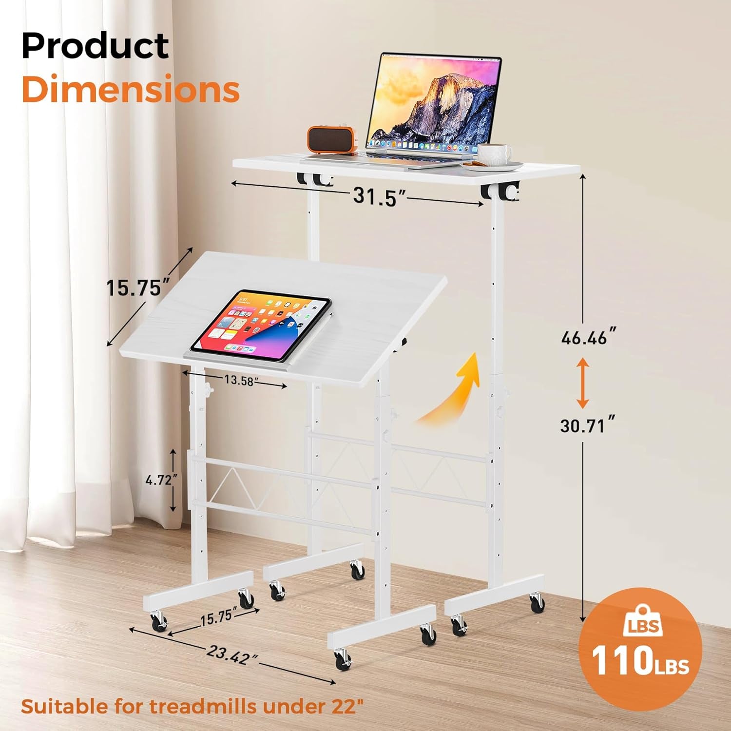 Small Standing Desk Adjustable Height & Tiltable Tabletop, Mobile Stand up Desk for Laptop, Portable Computer Table for Home Office Work and Walking Pad Treadmill, Height 30.7"-46.4", White