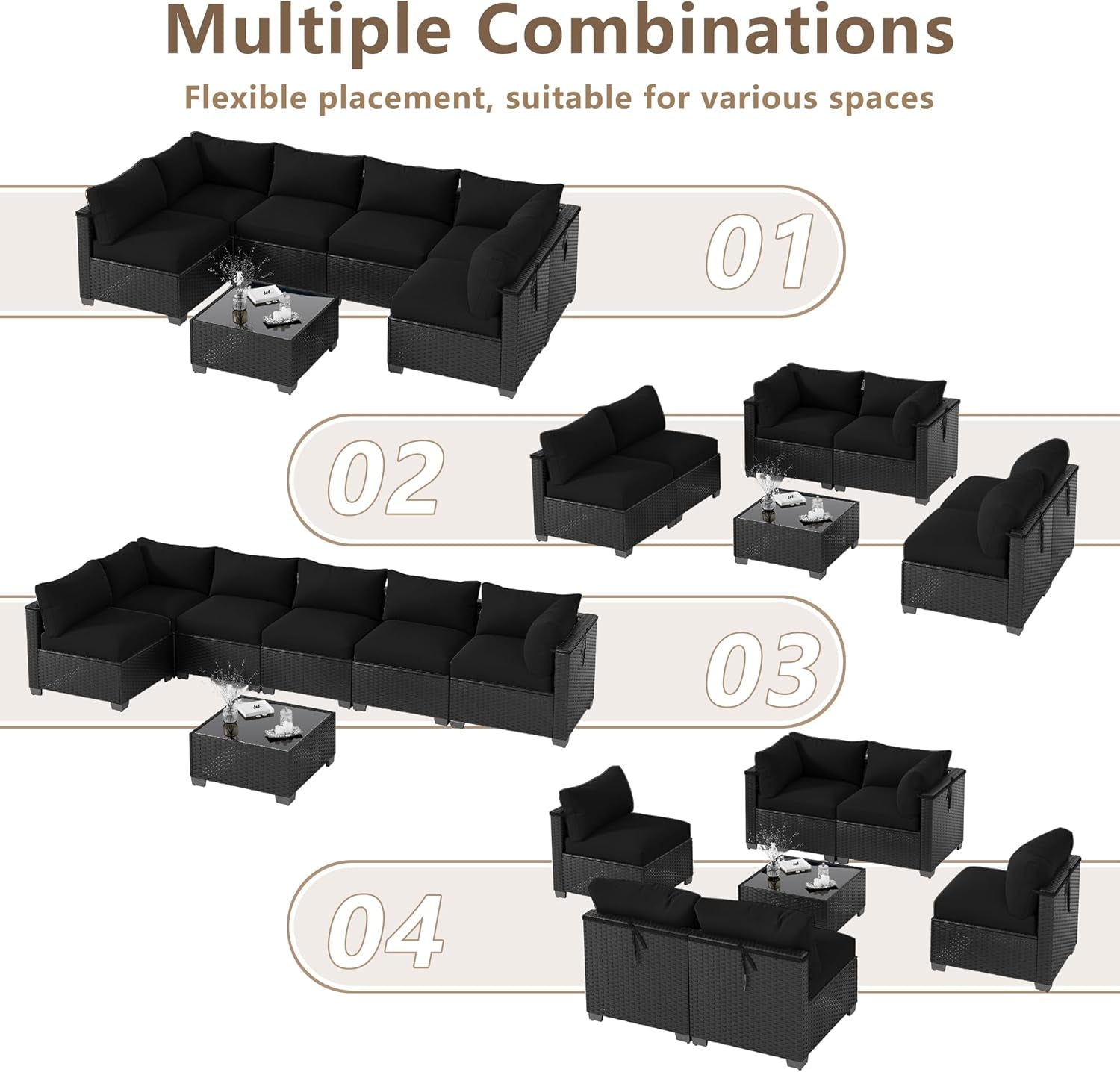 7 Piece Outdoor Patio Furniture Set, Outdoor Sectional Sofa, Wicker Rattan Patio Furniture, Patio Conversation Set with Coffee Table & Cushions