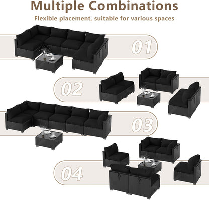7 Piece Outdoor Patio Furniture Set, Outdoor Sectional Sofa, Wicker Rattan Patio Furniture, Patio Conversation Set with Coffee Table & Cushions