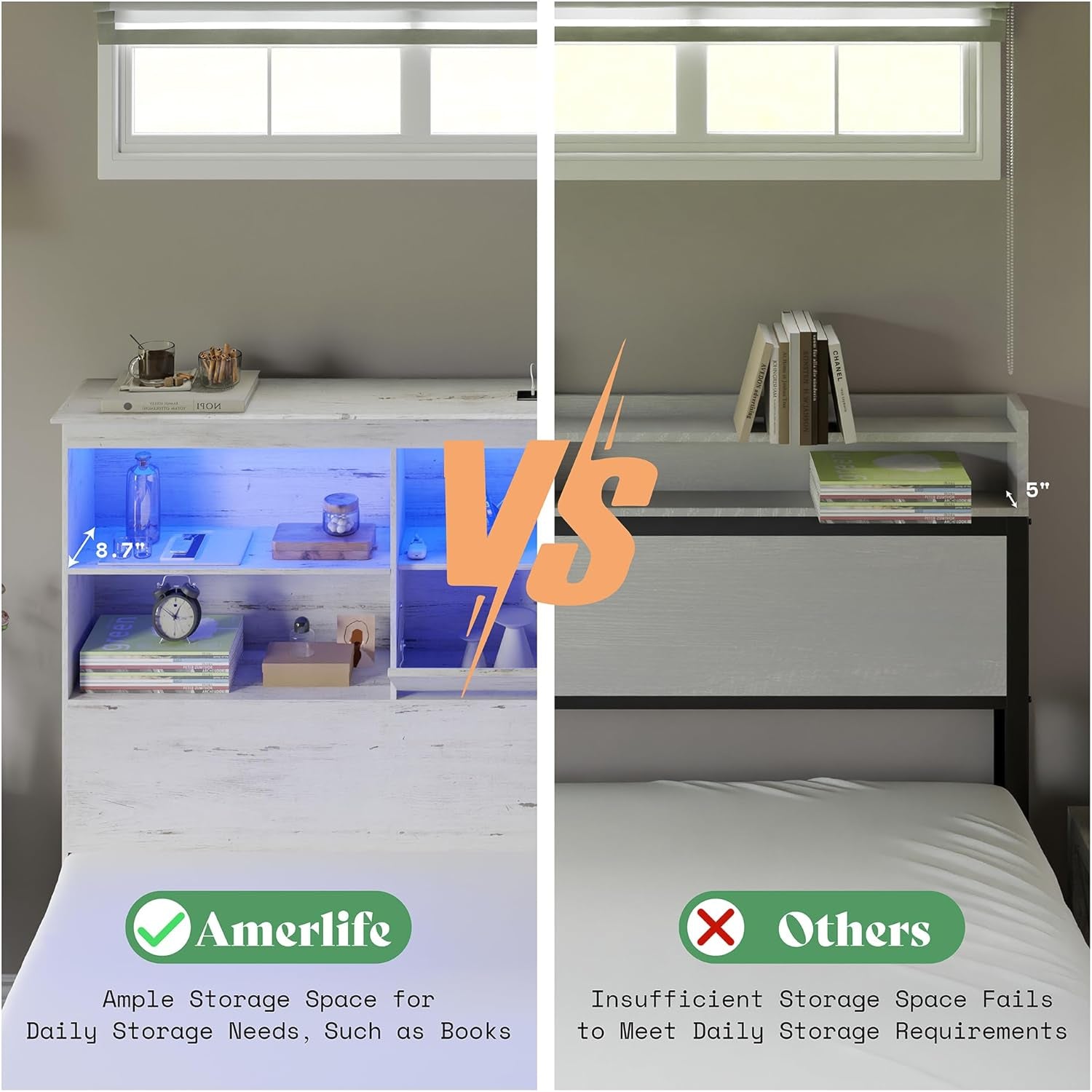 Farmhouse King Size Bed Frame Wooden Platform Bed with 51.2" Storage LED Bookcase Headboard, 4 Storage Drawers & Charging Station/No Box Spring Needed/Noise Free/Distressed White