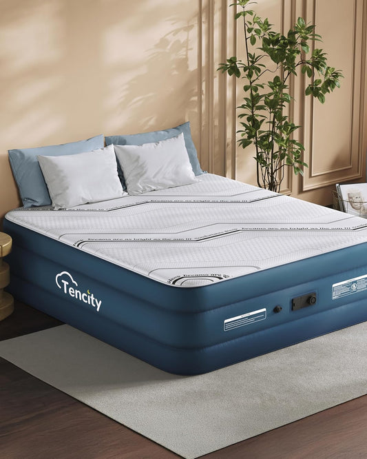 20” Tall Luxury Air Mattress with Quilted Foam Topper, Extra Firm Support with U-Shaped PVC Strap Inflatable Bed, Quiet & Comfortable Blow up Bed for Home Guests, Camping, Travel, Fast Inflate Airbed
