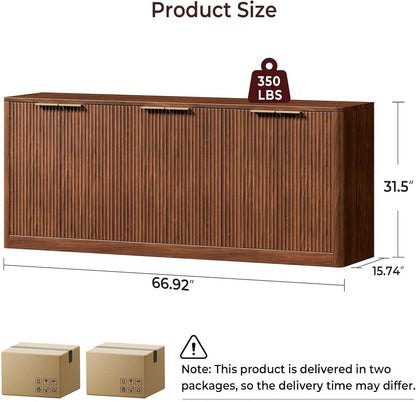 67" Fluted Walnut Buffet Cabinet Sideboard with Storage, Large Credenza with 6 Doors, Wood Mid Century Modern Sideboard for Kitchen and Living Room (67" W*31.5" H*15.7" D)