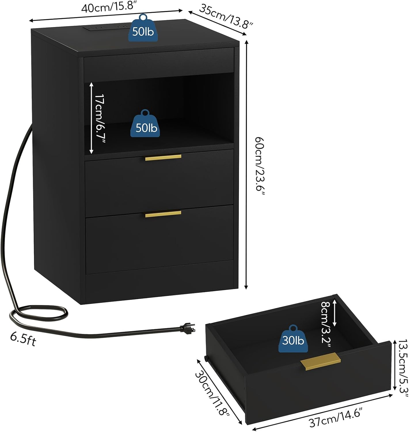 Night Stand, Bedside Table, LED Nightstand with Charging Station, Modern Night Stand, Wood Sofa Couch End Side Table with 2 Pull-Out Shelf (Black)