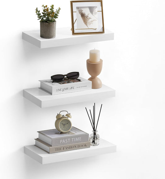Wall Shelves Set of 3, Floating Shelves, 8 X 15.7 X 1.5 Inches, Display Shelves for Picture Frames, Decor, Hanging Shelf for Living Room, Kitchen, White ULWS055W01
