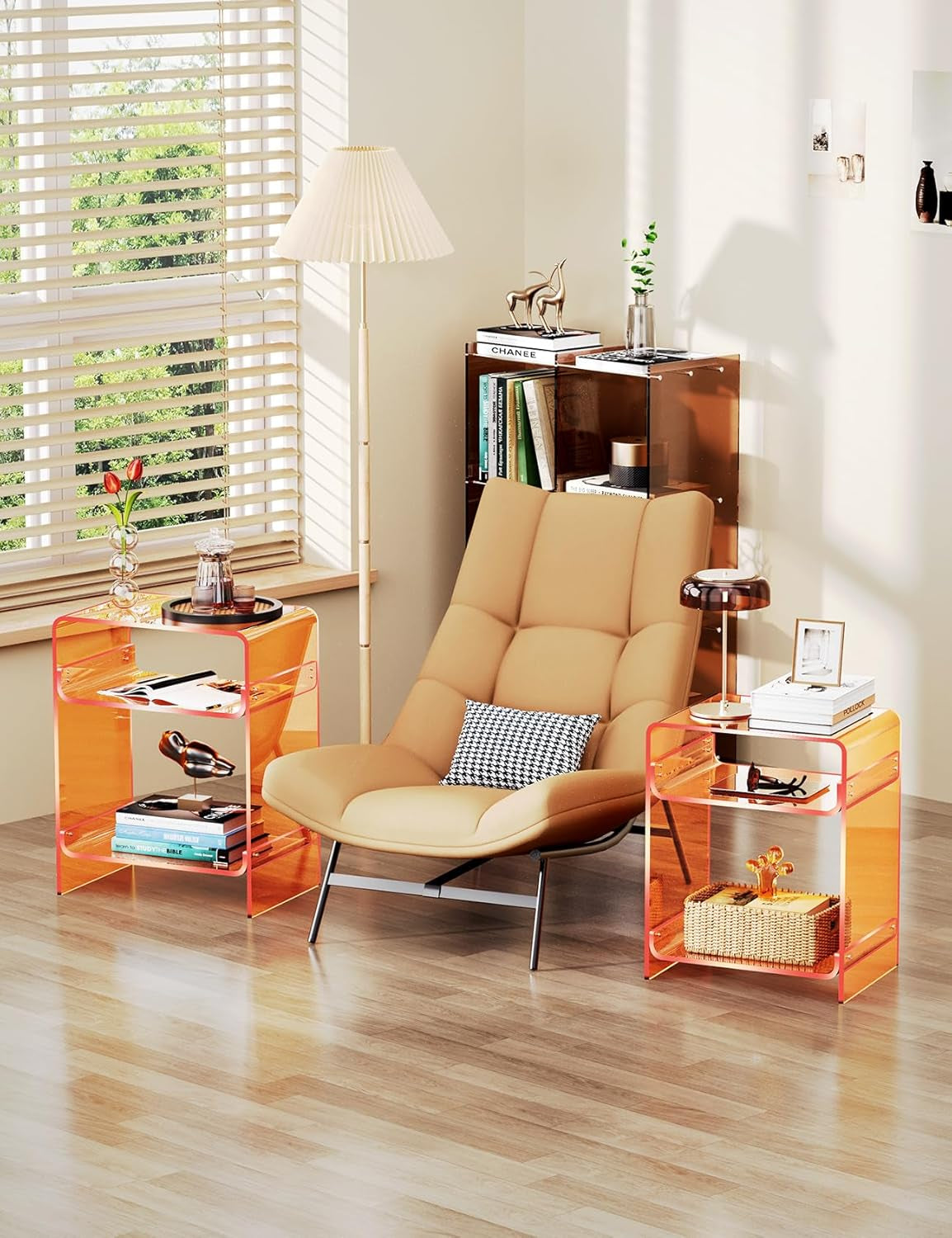 Acrylic End Table Record Player Table with Storage Shelf Clear Side Table Nightstand, Orange