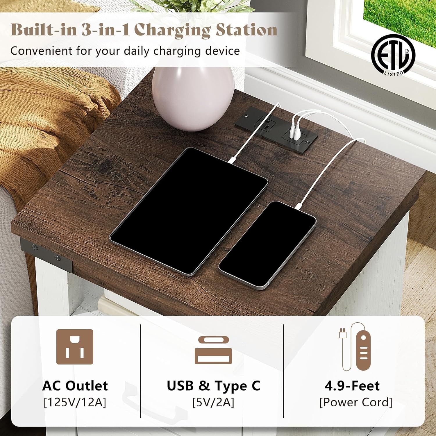 4 Pieces Farmhouse Bedroom Set, Includes 6 Drawer Large Dresser Chest, 5 Drawer Tall Dresser Chest, Nightstand Set of 2 with Charging Station, Wood Rustic Chest of Drawer, Living Room, White