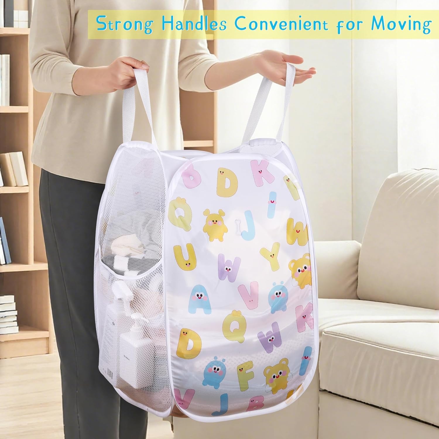 Collapsible Pop up Hamper for Baby Clothes or Toys Storage, Mesh Hamper with Handles & Side Pocket, Multi-Use Laundry Hamper & Toy Basket, Portable for Home, Travel, Dorm(White-Vertical)