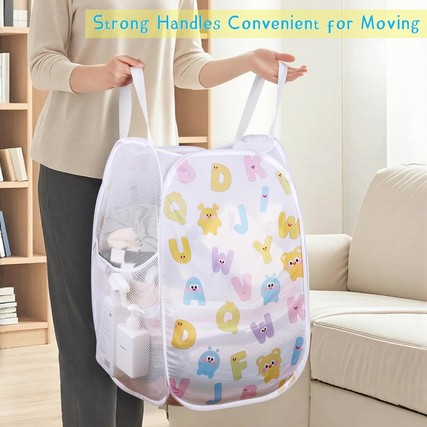 Collapsible Pop up Hamper for Baby Clothes or Toys Storage, Mesh Hamper with Handles & Side Pocket, Multi-Use Laundry Hamper & Toy Basket, Portable for Home, Travel, Dorm (Gray-Vertical)