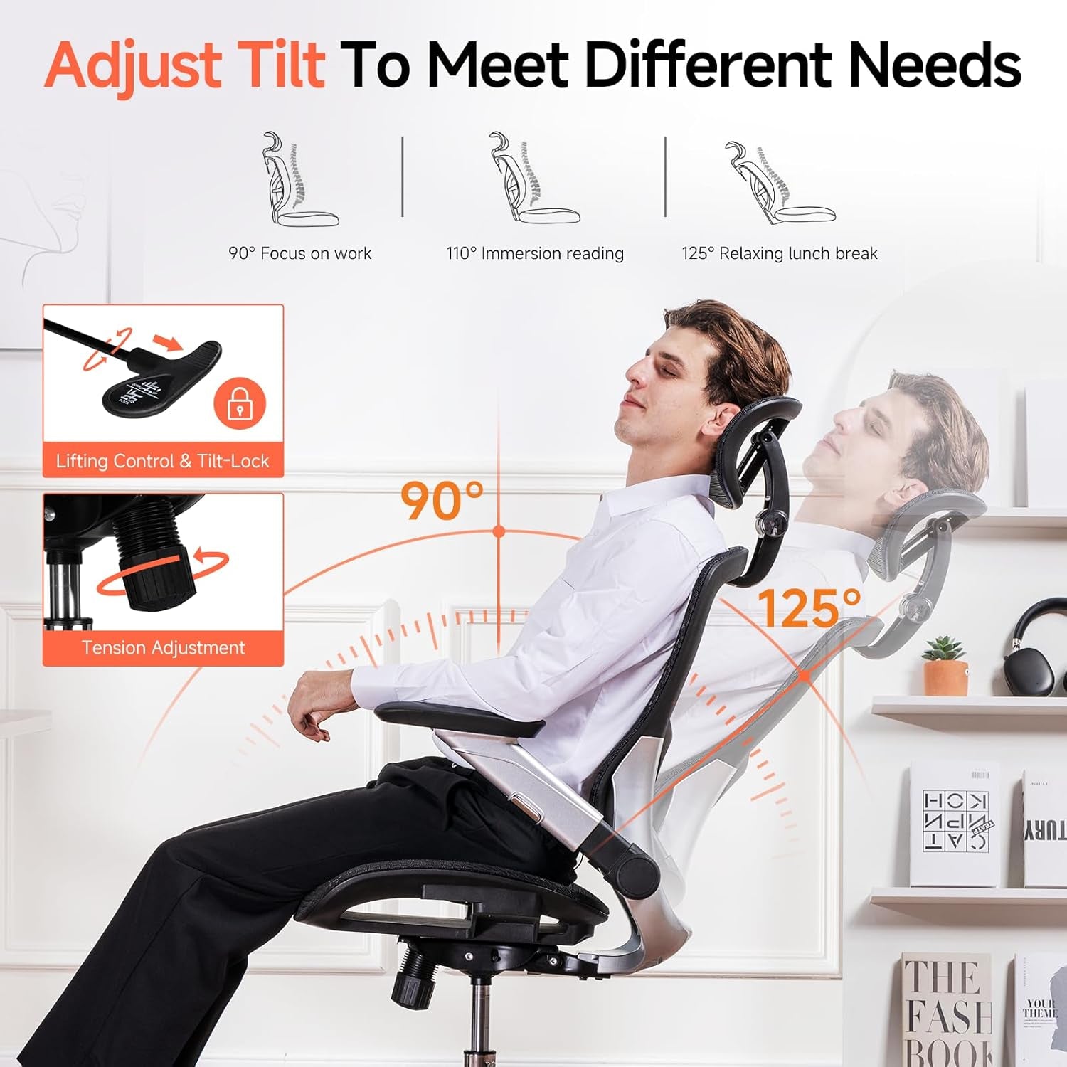 Big and Tall Ergonomic Mesh Office Chair, High Back Home Desk Chair Computer Gaming Chair with Headrest, Flip-Up Arms, 90-125° Tilt Lock and Wide Cushion, Task Chair for Man Woman- Black