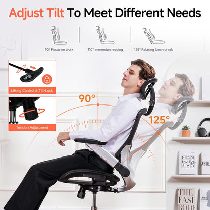 Big and Tall Ergonomic Mesh Office Chair, High Back Home Desk Chair Computer Gaming Chair with Headrest, Flip-Up Arms, 90-125° Tilt Lock and Wide Cushion, Task Chair for Man Woman- Black