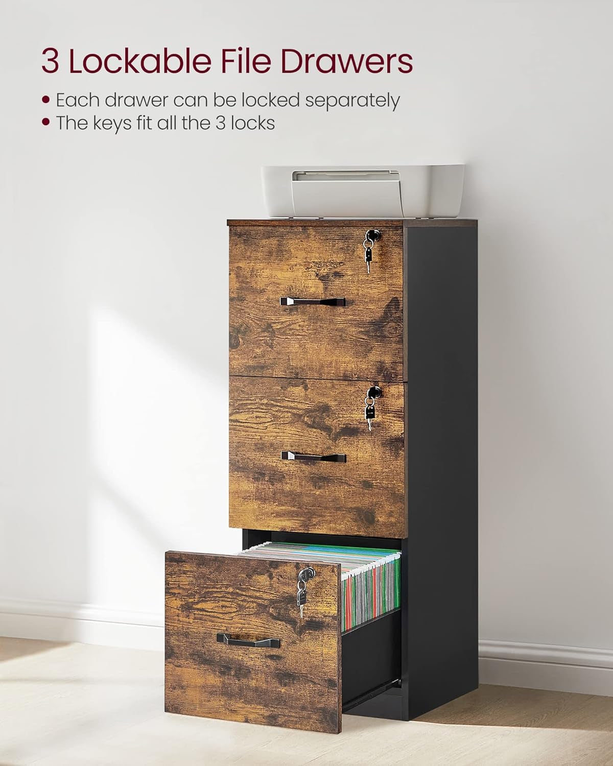 1 Drawer File Cabinet with Lock, Printer Stand, Office Filing Cabinet Organizer, for A4 and Letter Size Documents, Rustic Brown and Black UOFC044B01