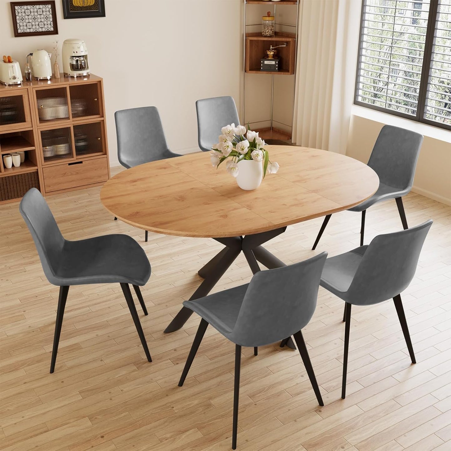 43.2"-59.1" Extendable round Dining Table Set of 7, round Kitchen Table with Thickened MDF Board, Oak Coffee Table,Steel Legs
