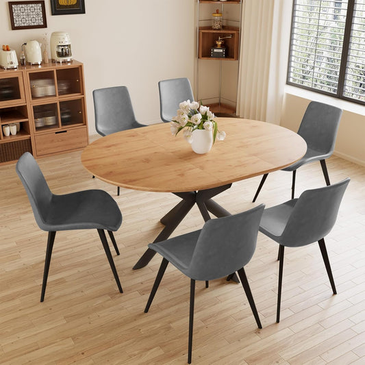 43.2"-59.1" Extendable round Dining Table Set of 7, round Kitchen Table with Thickened MDF Board, Oak Coffee Table,Steel Legs