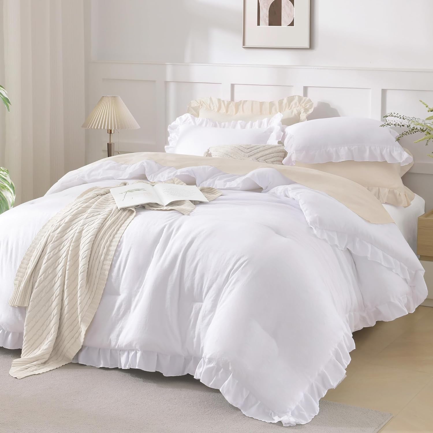 Comforter Full Size Set White, 3 Pieces Ruffle Farmhouse Shabby Chic Gift Full Comforter Set, Soft Lightweight Fluffy All Season Room Decor Bed Set for Girls Women Teens Daughter