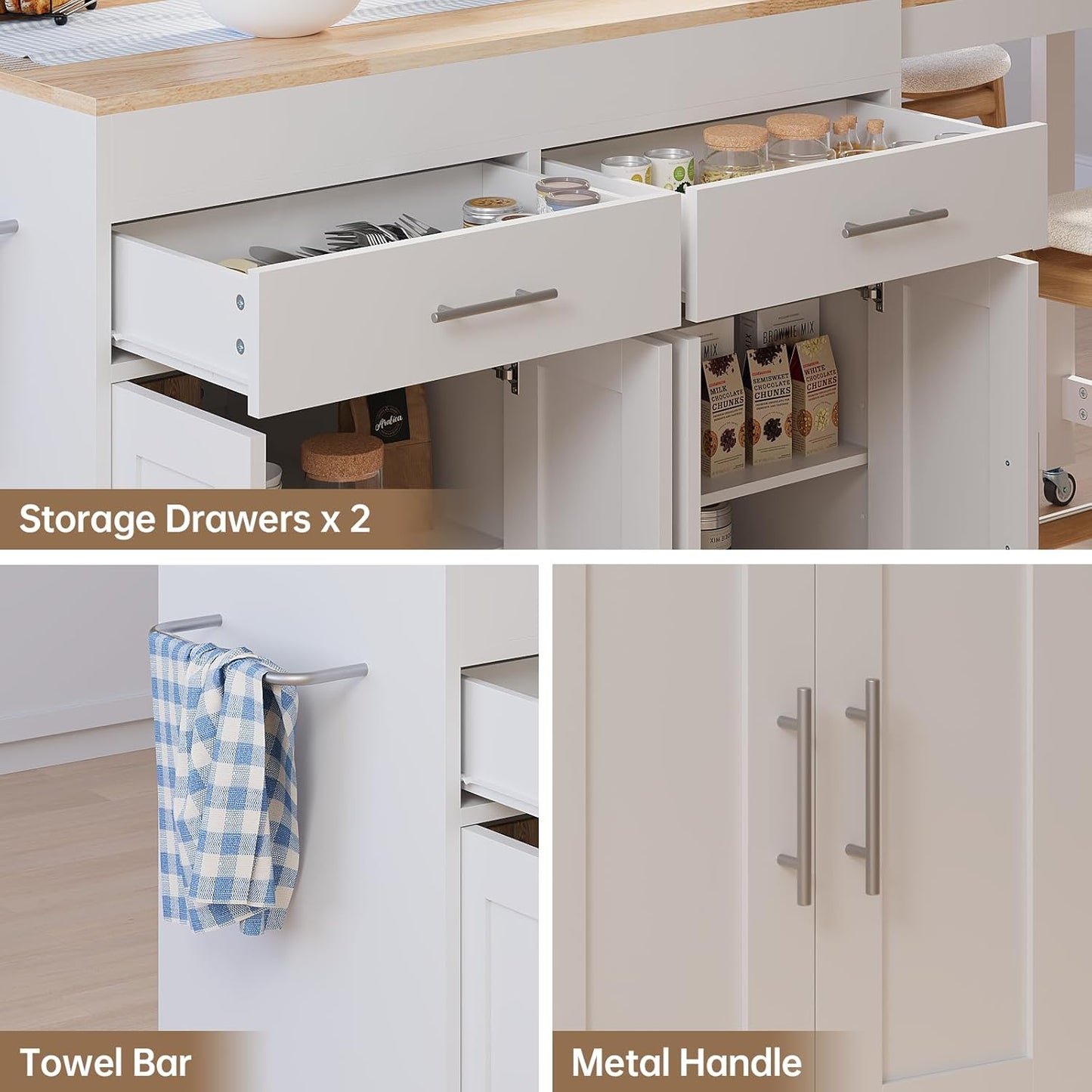 78" Rolling Kitchen Island with Extendable Table, Mobile Kitchen Islands with Storage for 2-4， 3 in 1 Island Cart on Wheels for Small Space with 2 Drawers & 4 Door Cabinet, White