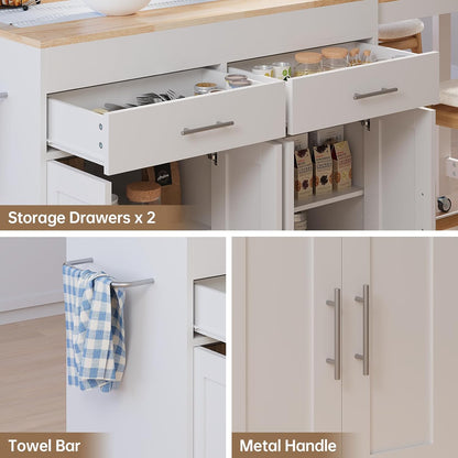 78" Rolling Kitchen Island with Extendable Table, Mobile Kitchen Islands with Storage for 2-4， 3 in 1 Island Cart on Wheels for Small Space with 2 Drawers & 4 Door Cabinet, White