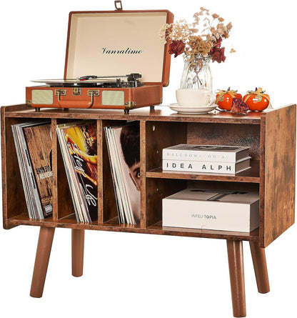 Record Player Stand with Vinyl Storage Holds up to 300Lb, Large Record Player Table Cabinet for Album Storage with Holder Vinyl Display Shelf, Wood Turntable Stand for Bedroom Living Room (Brown)