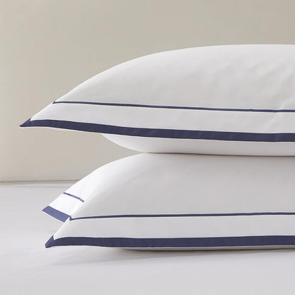 White King Pillow Shams Set of 2, 100% Cotton Luxury Hotel Pillowcases with Navy Embroidered Double Border, Soft Smooth Elegant Decorative Pillow Cases with Envelpe Closure, 20X36 Inches