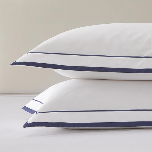 White King Pillow Shams Set of 2, 100% Cotton Luxury Hotel Pillowcases with Navy Embroidered Double Border, Soft Smooth Elegant Decorative Pillow Cases with Envelpe Closure, 20X36 Inches