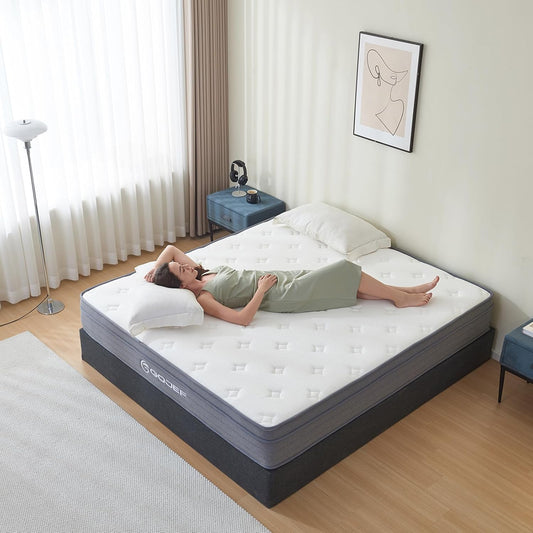 Queen Mattress, 12 Inch Queen Size Hybrid Mattress in a Box with Independent Spring, Soft and Comfortable, Pressure Relief, Medium Firmness, Certipur-Us Certified