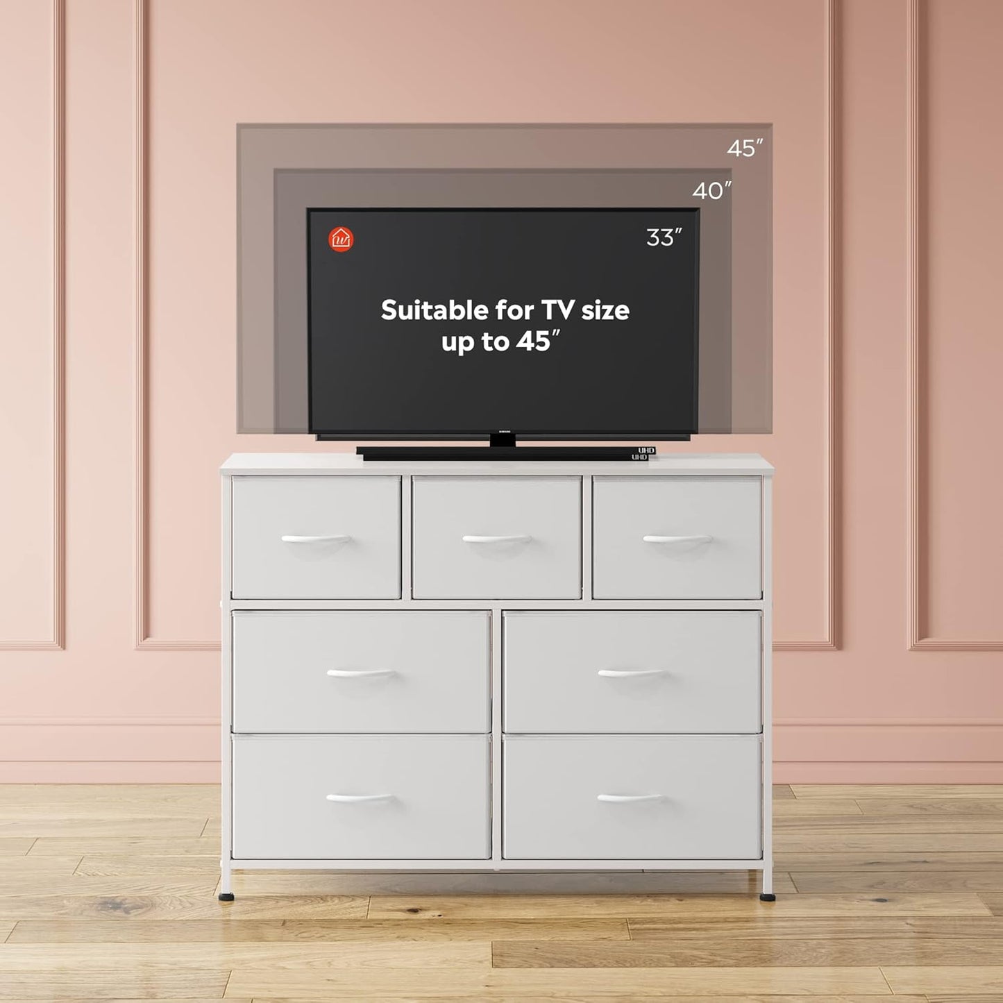 7 Drawer Dresser TV Stand, Dressers for Bedroom, Fabric Storage Tower, Hallway, Entryway, Closets, Sturdy Steel Frame, Wood Top, Easy Pull Handle, White