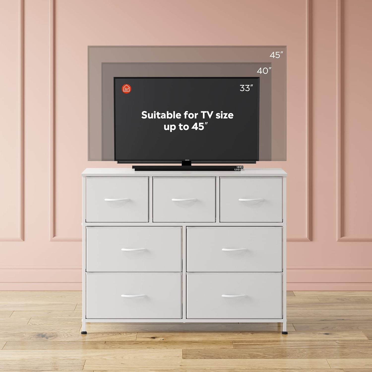 7 Drawer Dresser TV Stand, Dressers for Bedroom, Fabric Storage Tower, Hallway, Entryway, Closets, Sturdy Steel Frame, Wood Top, Easy Pull Handle, White