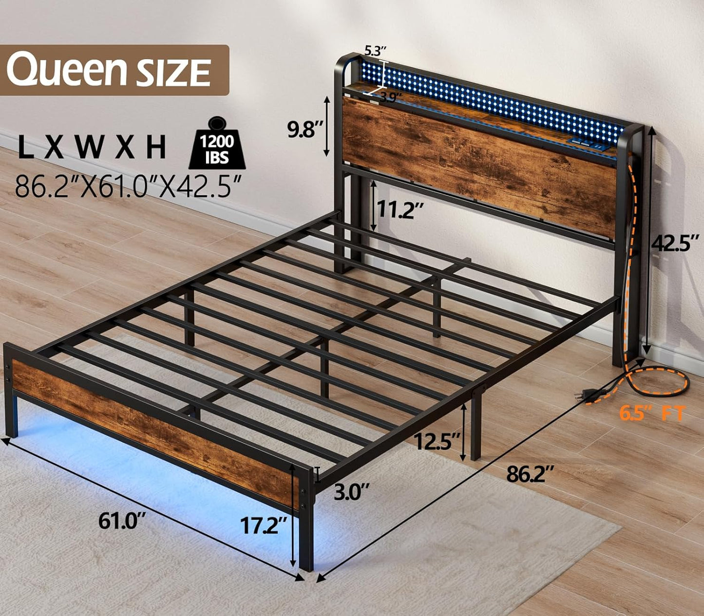 Queen Bed Frame with Headboard Storage, Bed Frame Queen Size with Charging Station and LED Lights No Box Spring Needed,Heavy Duty Steel Slats,Noise Free