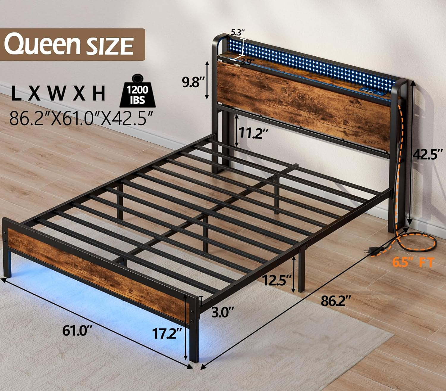 Queen Bed Frame with Headboard Storage, Bed Frame Queen Size with Charging Station and LED Lights No Box Spring Needed,Heavy Duty Steel Slats,Noise Free