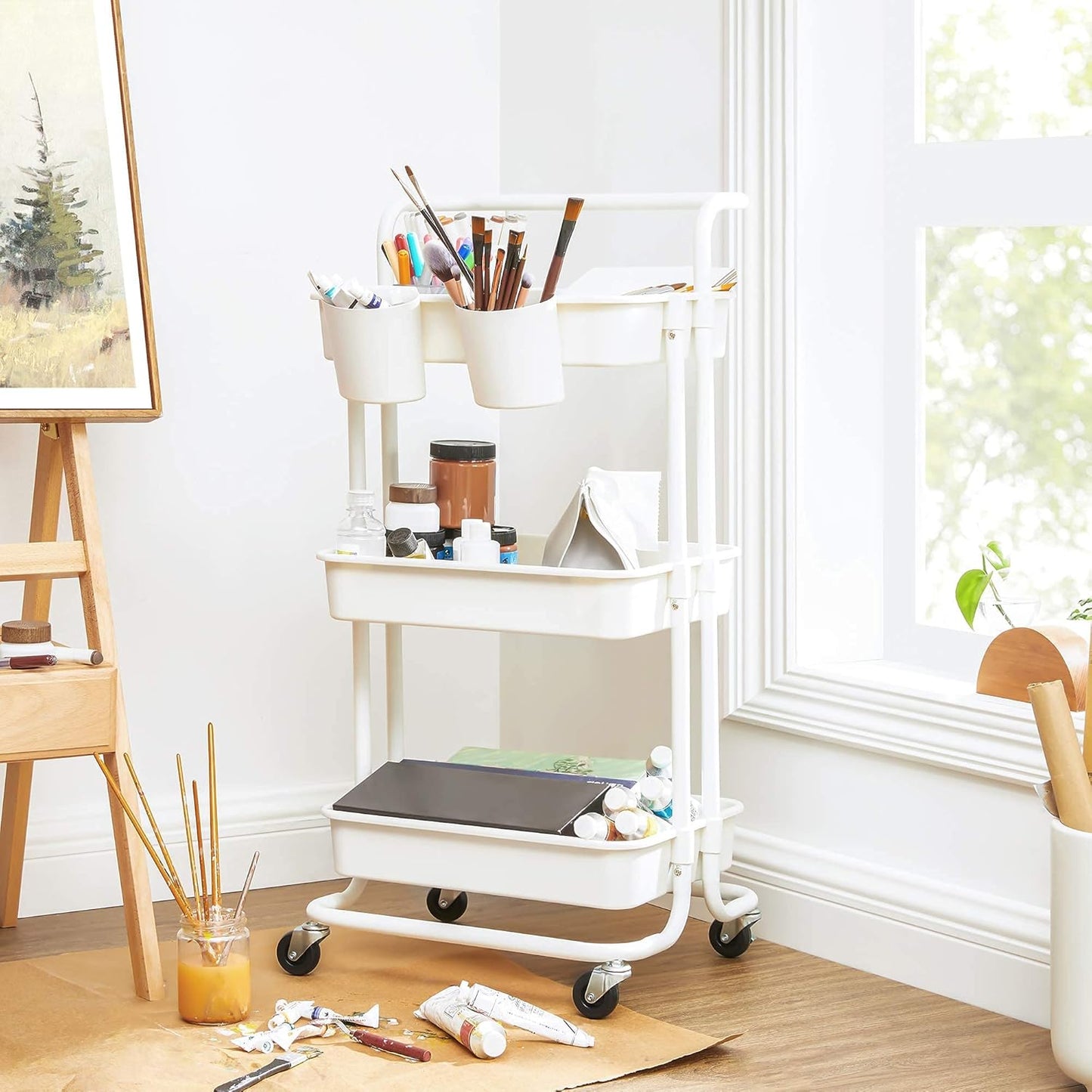 Rolling Cart, 3-Tier Storage Cart, Storage Trolley with Handle 2 Small Organizers, Steel Frame, Plastic Baskets, Utility Cart, Easy Assembly, for Bathroom Laundry Room, White UBSC067W01