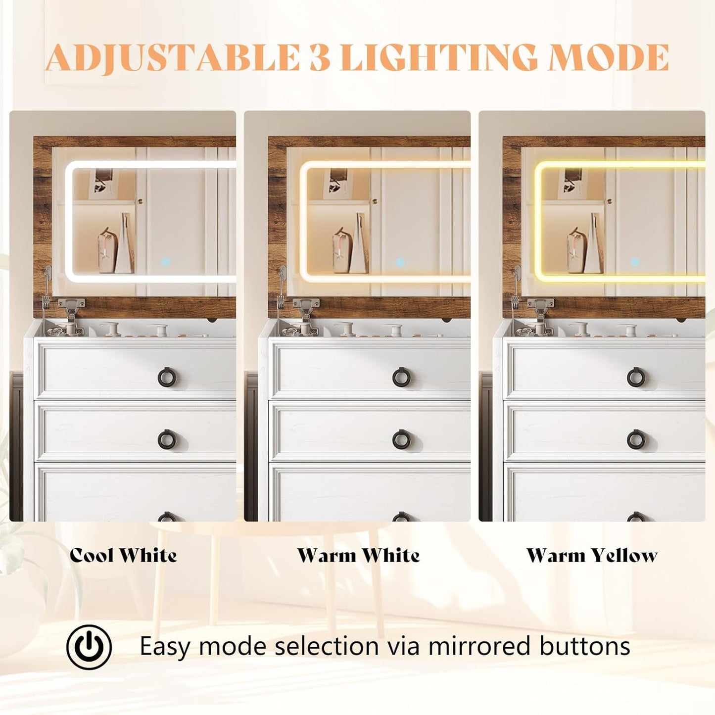Makeup Vanity Desk with Mirror and Lights, Compact Vanity with Hidden Chair & Charging Station, 3 in 1 Space-Saving Vanity Table for Girls, Small Bedroom & Apartments, White & Barnwood
