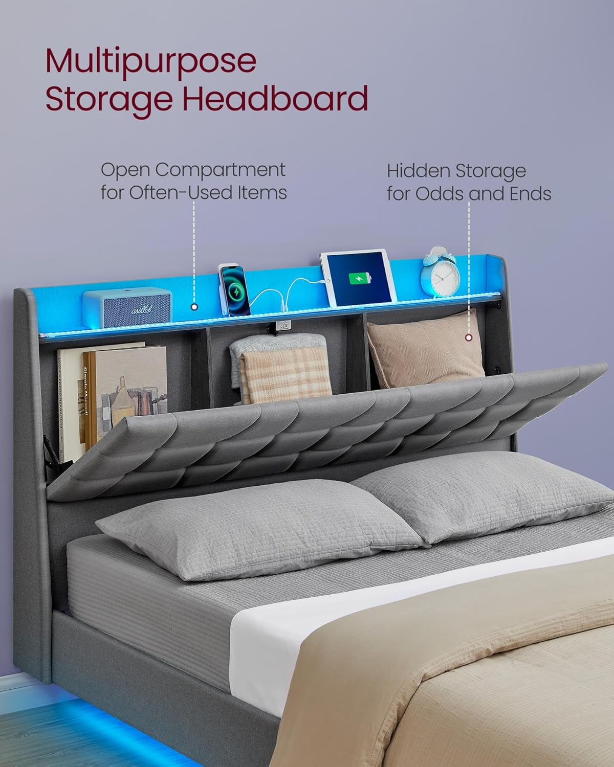 Queen Size Floating Bed Frame with LED Lights, Queen Bed Frame with Charging Station, Tufted Storage Headboard, Upholstered Platform Bed Frame, No Box Spring Needed, Light Gray URMB851G01