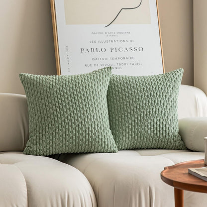 2 Packs Decorative Throw Pillow Covers 18X18 Inch for Living Room Couch Bed Spring Sofa Soft Striped Corduroy Square Cushion Case 45X45 Cm Farmhouse Boho Home Decor Sage Green