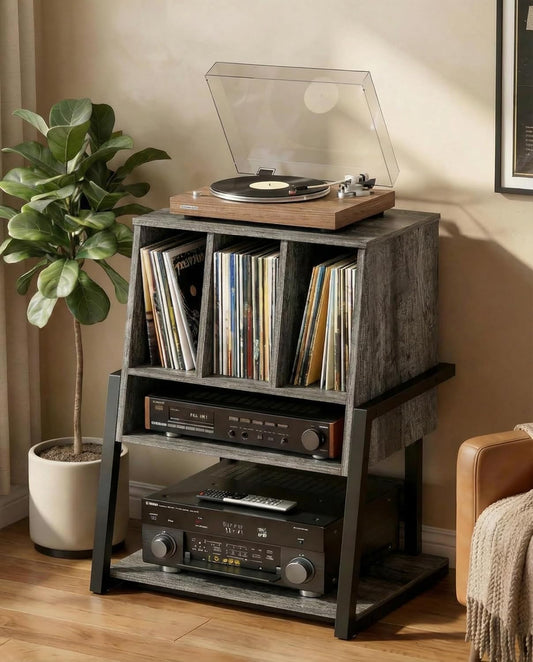 Record Player Stand with Power Outlet & Smart LED, 3-Tier Vinyl Record Storage Cabinet for 200+ Albums, 22" Turntable Station with Wooden Dividers, Modern End Table for Small Space, Grey Oak