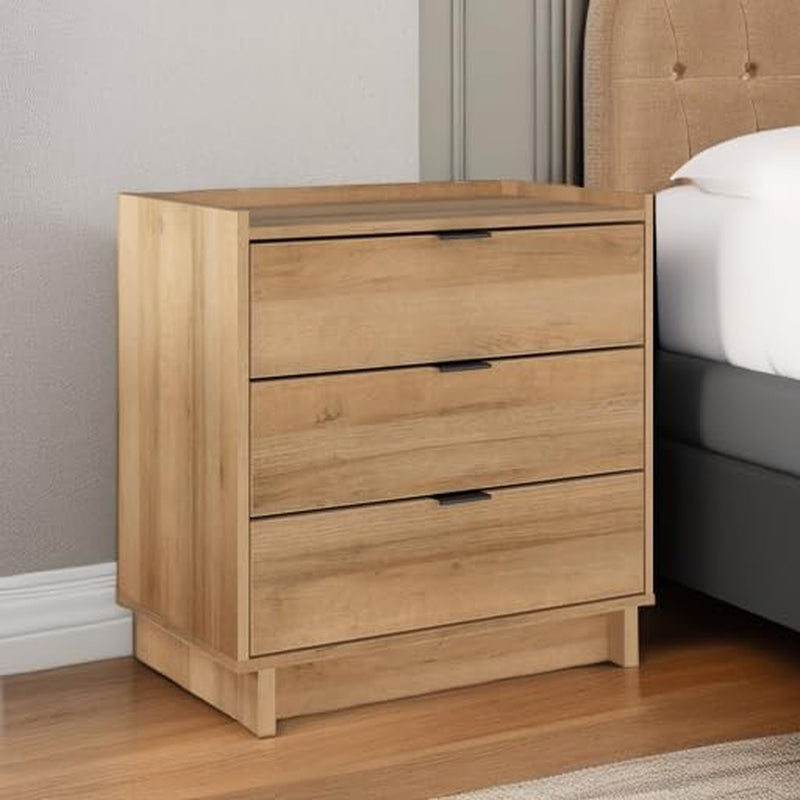 Simply Modern Nightstand Bedside Table, Natural Oak Nightstand for Bedroom, End Table with 3 Drawers 26.5" W X 26.75" H X 16" D