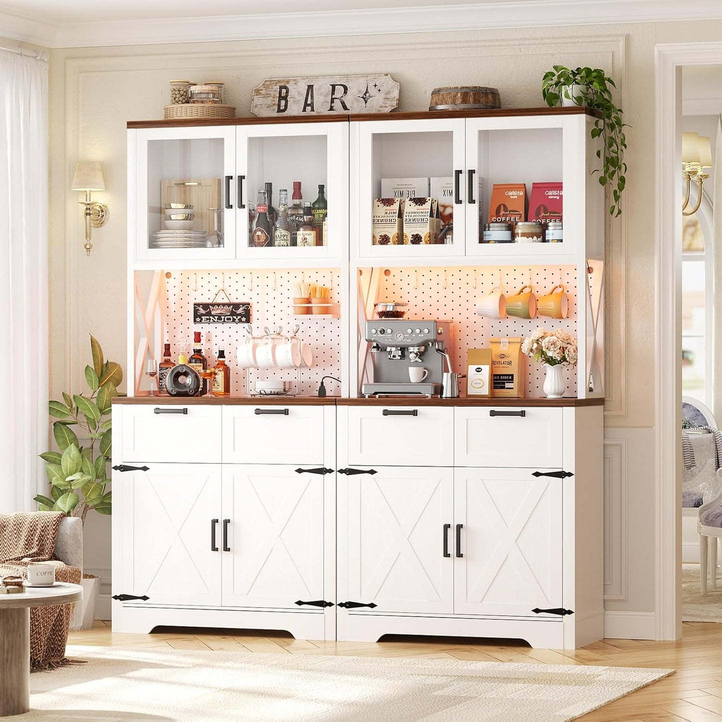 71" Tall Kitchen Pantry Storage Cabinet with LED Light & Outlet, 63" Wide Kitchen Hutch Cabinet with Large Countertop, DIY Pegboard and Drawers, Farmhouse Food Pantry for Living Room,