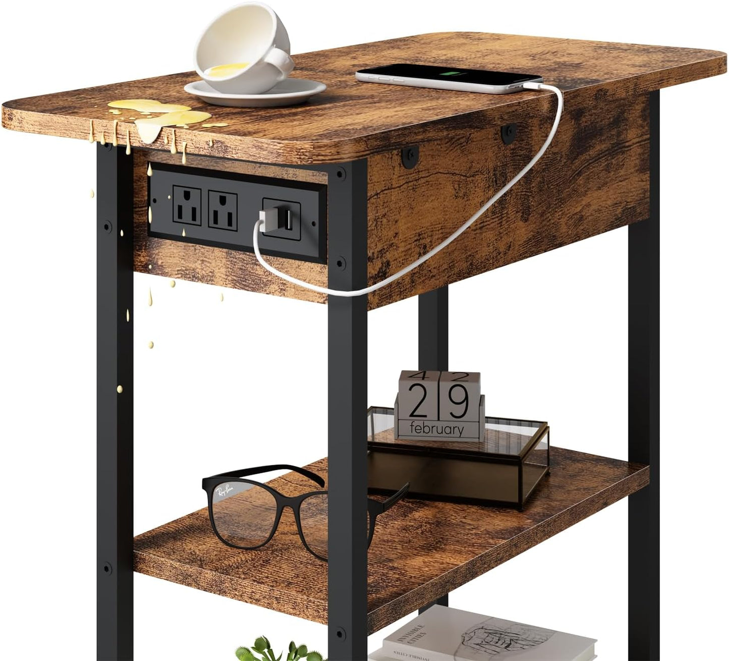 End Table with Charging Station, Flip Top Side Table with USB Ports and Outlets, Nightstand for Small Spaces, Bedside Tables with Storage Shelf for Living Room, Bedroom, Brown