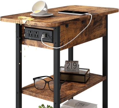 End Table with Charging Station, Flip Top Side Table with USB Ports and Outlets, Nightstand for Small Spaces, Bedside Tables with Storage Shelf for Living Room, Bedroom, Brown