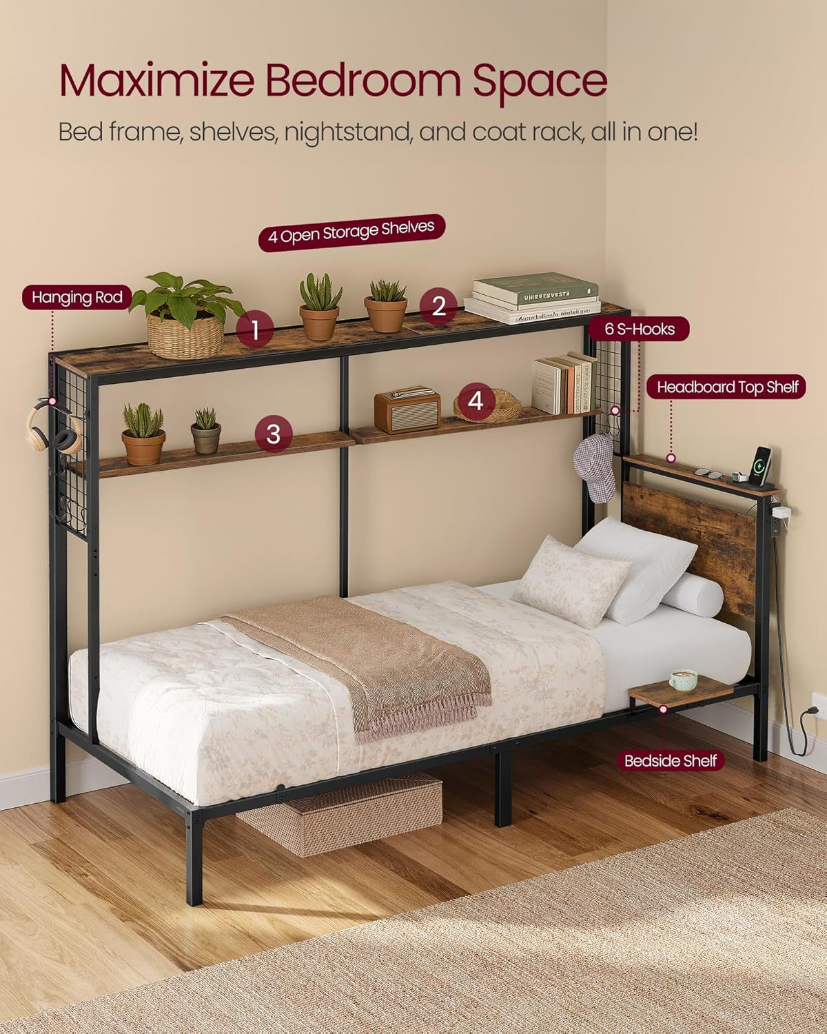 Twin Size Metal Bed Frame with Headboard, Multifunctional Storage, Built-In LED Lights, Charging Station, Bookshelf, Bedside Shelf, Space-Saving, No Box Spring Needed, Rustic Brown URMB963K02