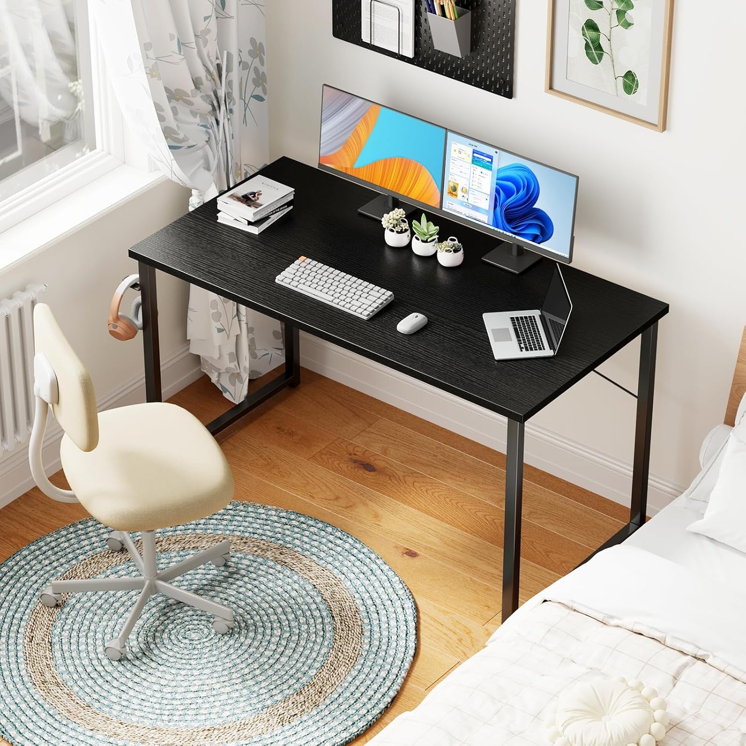 48 Inches Computer Desk for Small Spaces, Study Table for Home Office, Writing Desk with Headphone Hooks, Black