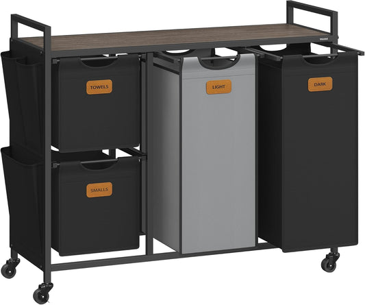 Laundry Hamper with 4 Compartments, 39.6 Gal. (150 L) Laundry Sorter, Rolling Laundry Cart with Shelves, Small Side Pockets, 6 Labels, Chestnut Brown, Ink Black and Dove Gray UBLH203B01