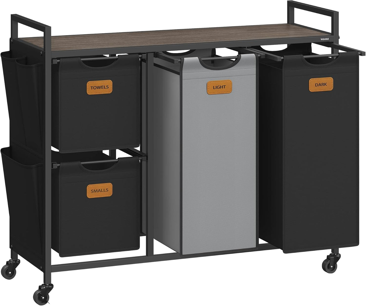 Laundry Hamper with 2 Compartments, 26.4 Gal. (100 L) Laundry Sorter, Rolling Laundry Cart with Shelves, Removable Liners, 6 Labels, Chestnut Brown, Ink Black and Dove Gray UBLH311B02
