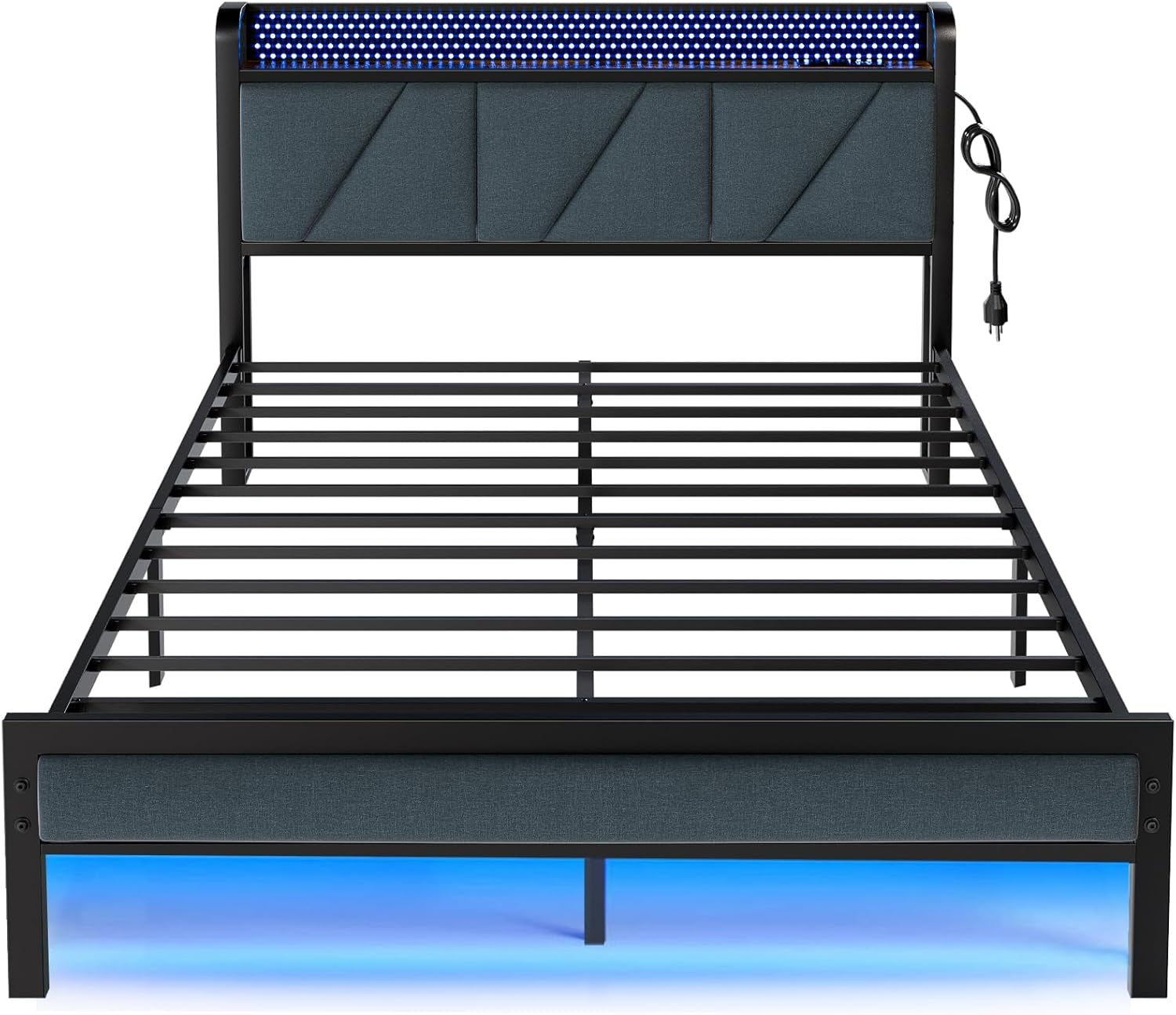 Full Bed Frame with LED Lights,Headboard with Charging Station and USB Port,Upholstered Platform Bedframe Metal Support,No Box Spring Needed