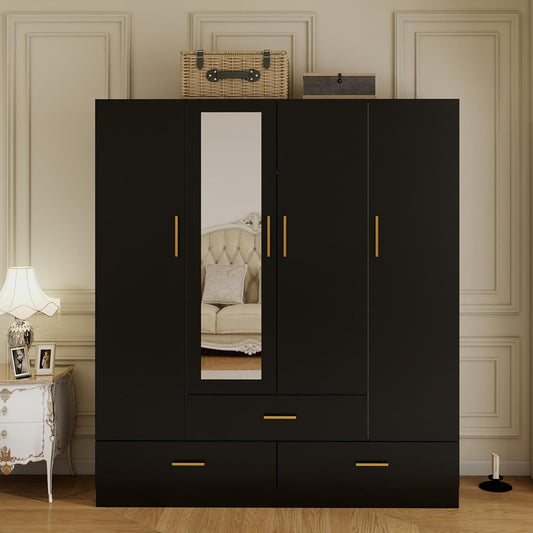 Wood Black Armoire Wardrobe Closet Black: 4 Doors Wardrobe Cabinet 2 Hanging Rods 3 Drawers with Mirror Shelves Large Storage for Bedroom Home