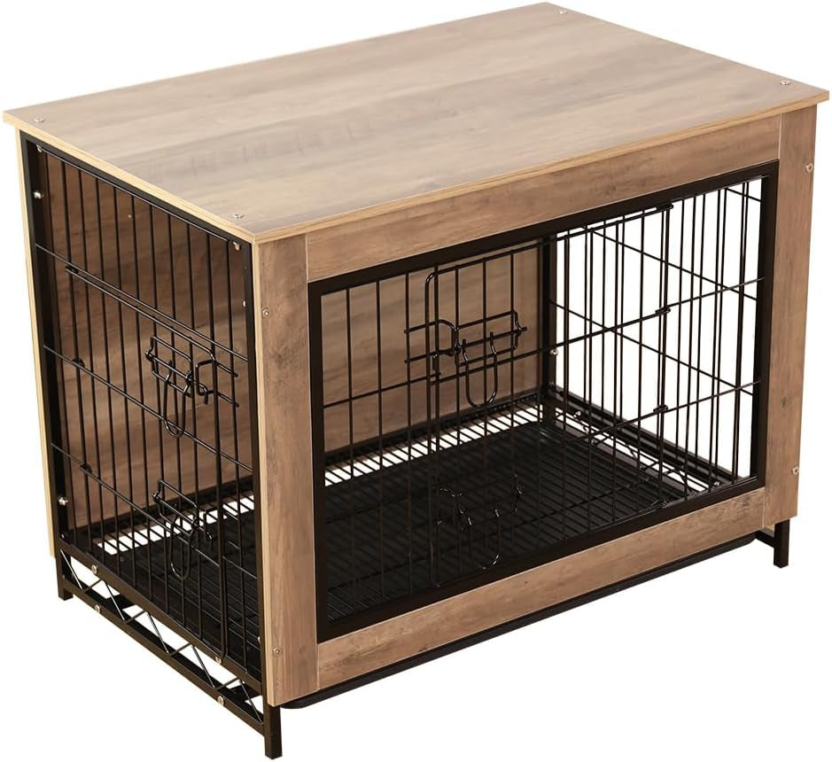 Dog Crate Furniture, Dog Kennel Furniture with Double Door, 32.5" Dog Crates for Medium Dogs with Removable Tray, Light Brown