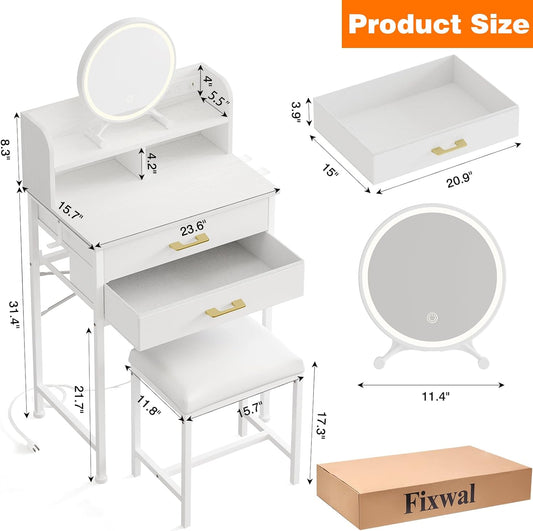 White Small Vanity Desk Set with Lighted Mirror and Chair, Makeup Dresser with 2 Fabric Drawers, Power Outlet, Compact Table with Cushioned Stool for Bedroom Small Space