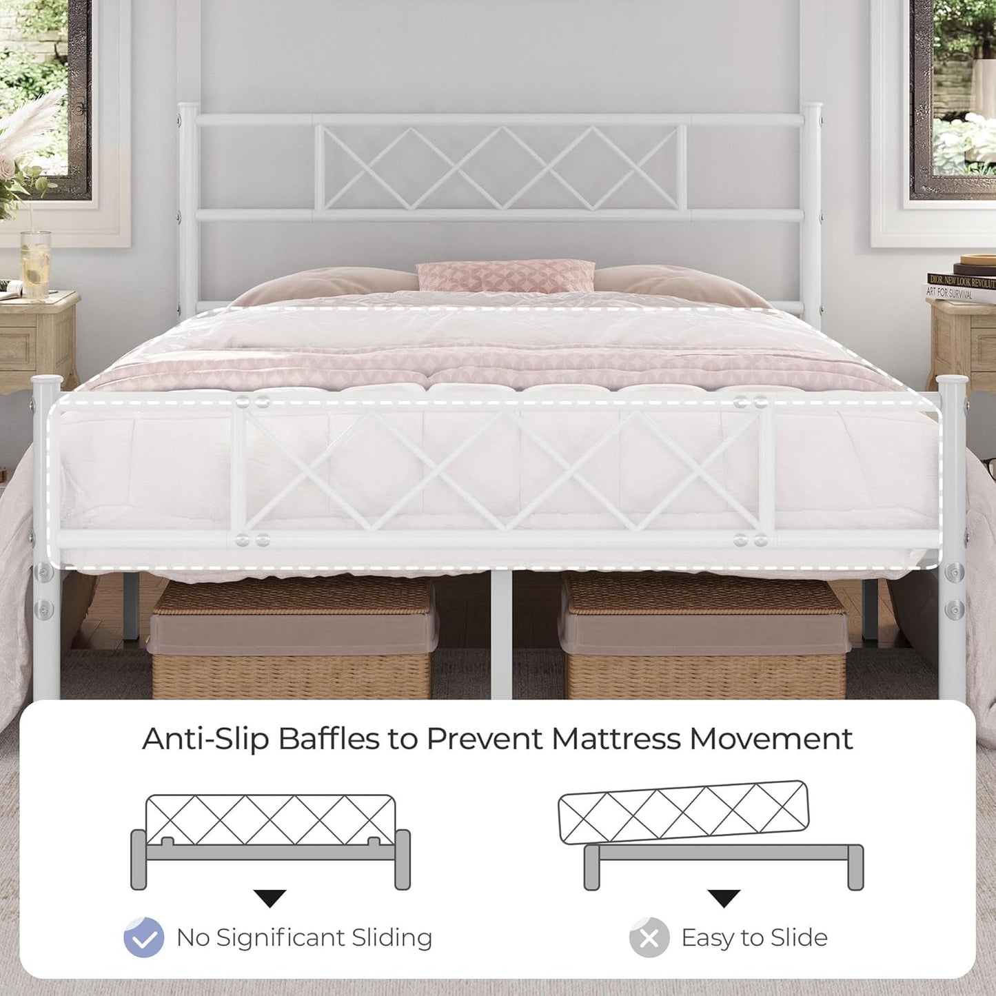 Full Size Metal Platform Bed Frame with Simple Headboard and Footboard, Mattress Foundation for under Bed Storage, Steel Slat Support, No Box Spring Needed, Easy Assembly, White