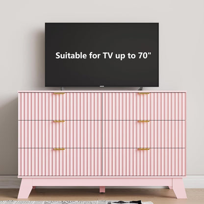 6 Drawer Dresser for Bedroom, Fluted Dressers Chest of Drawers with Gold Handle, Mid Century Modern Dresser for Closet, Wood Closet Storage Organizer Furniture for Bedroom, Living Room, Hallway, Pink