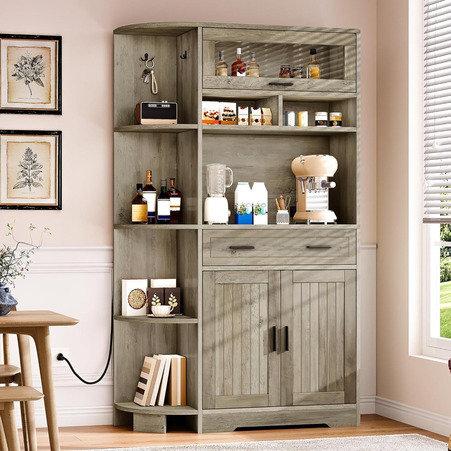 Kitchen Pantry Storage Cabinet, 67" Tall Kitchen Hutch with Outlet & Door & Shelves & Drawer, Farmhouse Wooden Microwave Stand Buffet Coffee Bar for Home Living Dining Room, Antique Gray