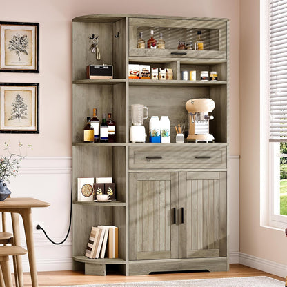 Kitchen Pantry Storage Cabinet, 67" Tall Kitchen Hutch with Outlet & Door & Shelves & Drawer, Farmhouse Wooden Microwave Stand Buffet Coffee Bar for Home Living Dining Room, Antique Gray
